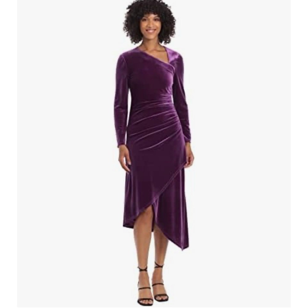Maggy London Velvet Amethyst Long Sleeve‎ Asymmetric Neck and Hem Dress Size 4